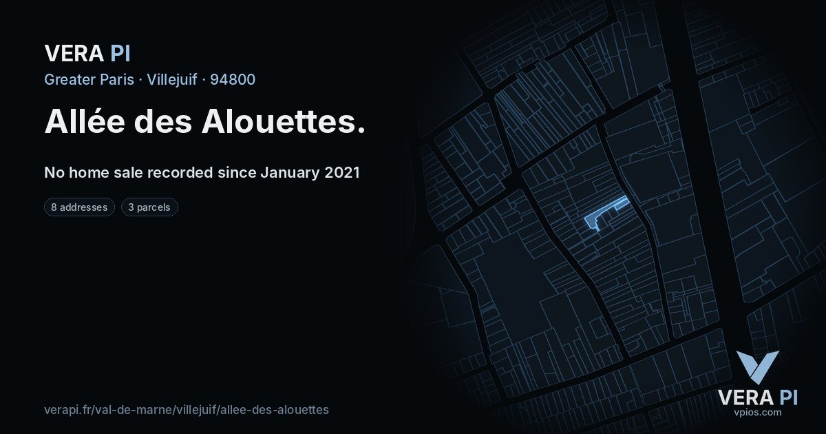 Allée des Alouettes, Villejuif at night – every parcel coloured by the prices around it, the street's own parcels lit