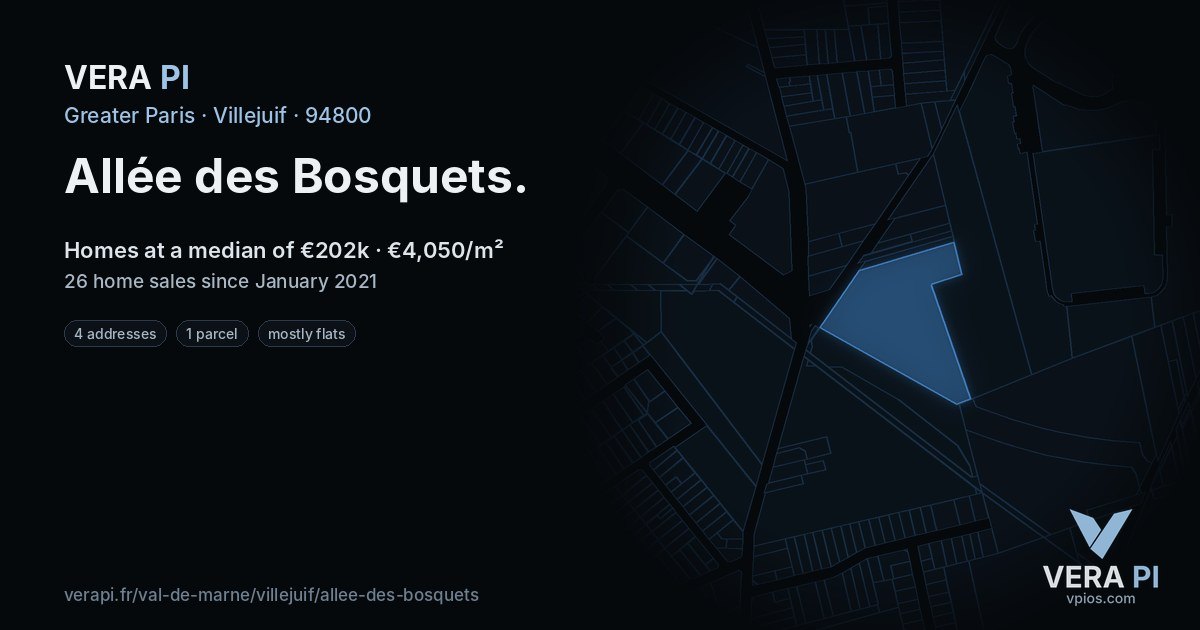 Allée des Bosquets, Villejuif at night – every parcel coloured by the prices around it, the street's own parcels lit