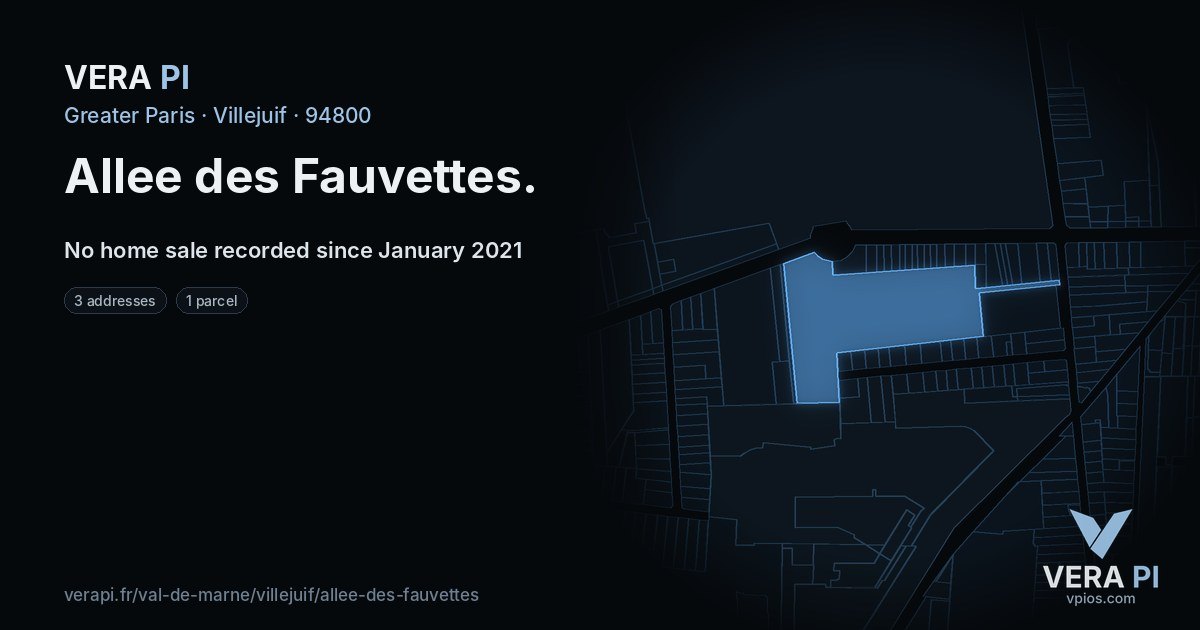 Allee des Fauvettes, Villejuif at night – every parcel coloured by the prices around it, the street's own parcels lit