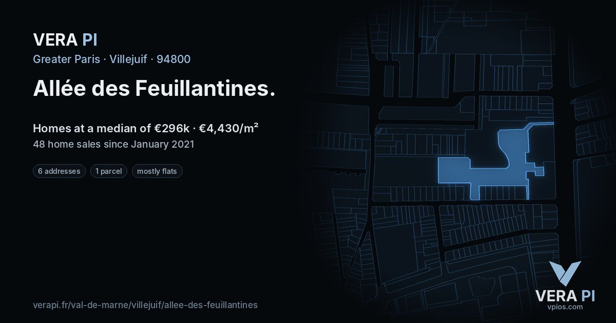 Allée des Feuillantines, Villejuif at night – every parcel coloured by the prices around it, the street's own parcels lit