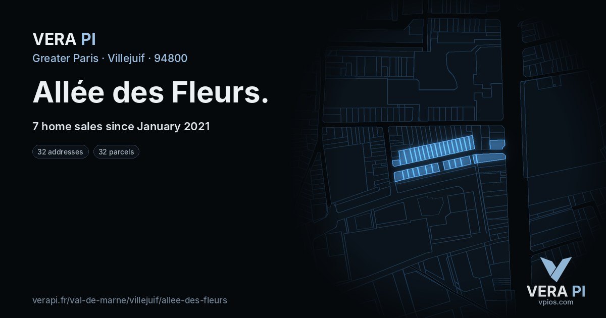 Allée des Fleurs, Villejuif at night – every parcel coloured by the prices around it, the street's own parcels lit