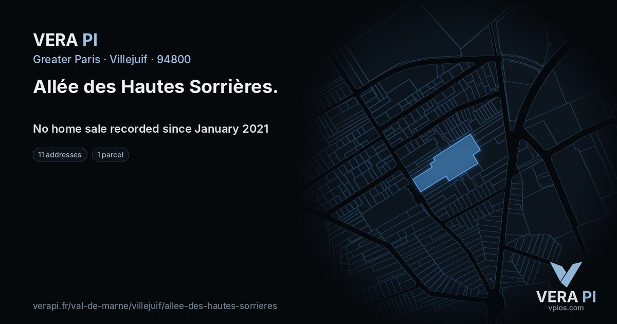 Allée des Hautes Sorrières, Villejuif at night – every parcel coloured by the prices around it, the street's own parcels lit
