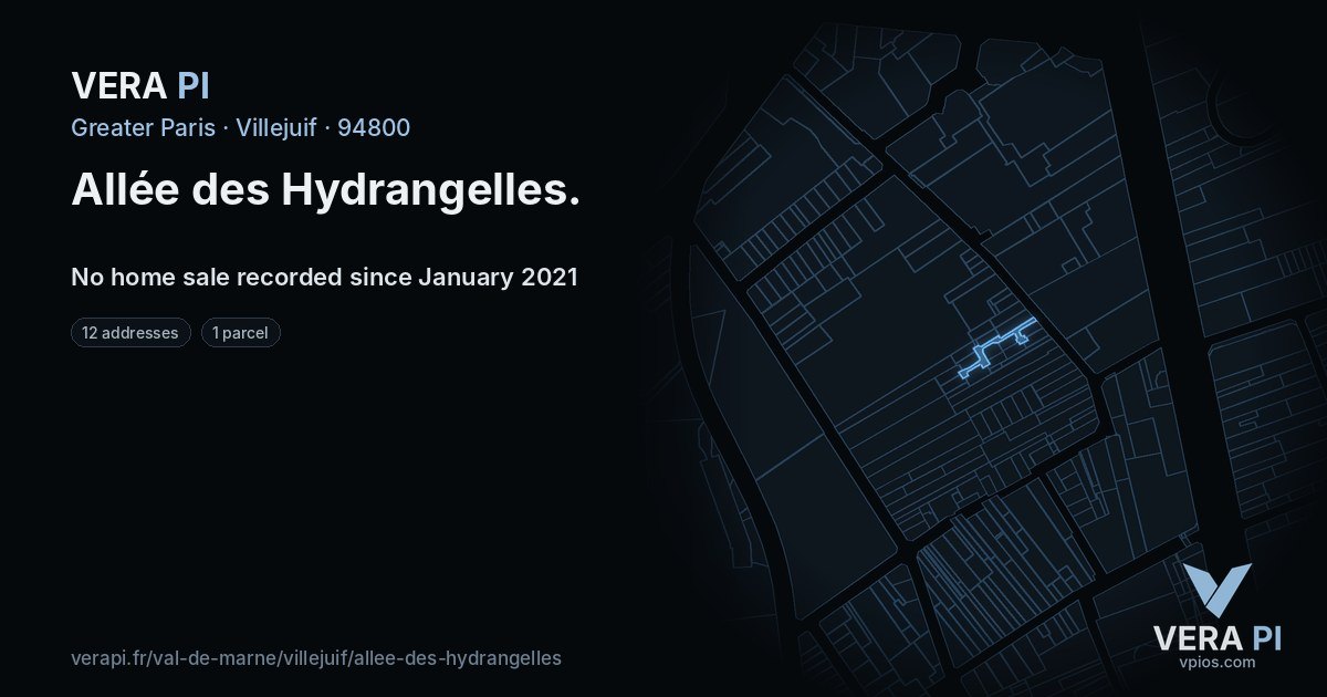 Allée des Hydrangelles, Villejuif at night – every parcel coloured by the prices around it, the street's own parcels lit