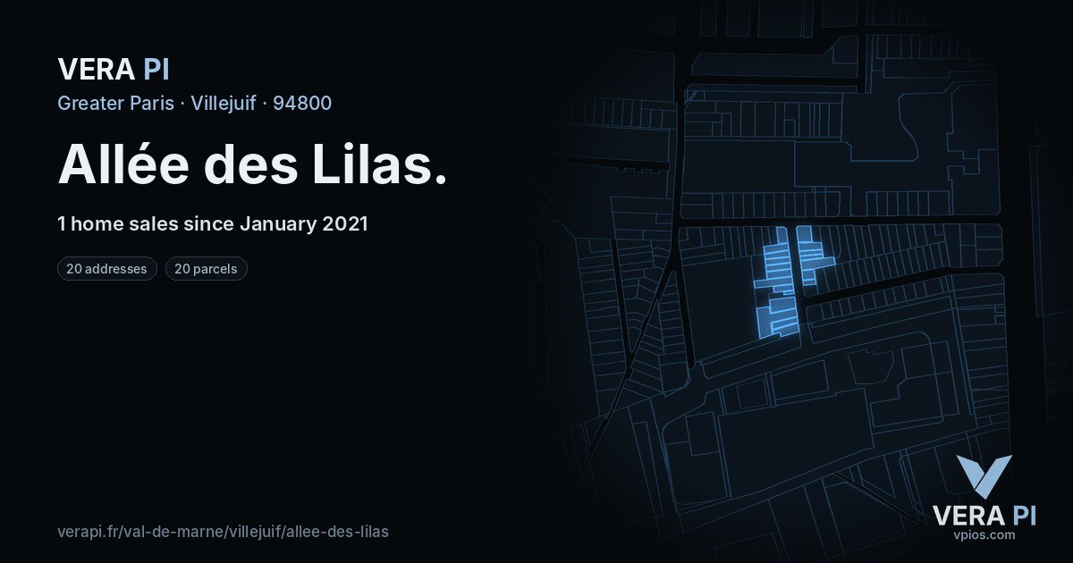 Allée des Lilas, Villejuif at night – every parcel coloured by the prices around it, the street's own parcels lit