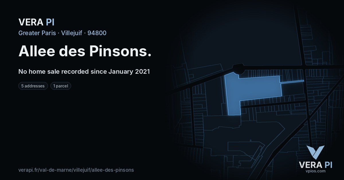 Allee des Pinsons, Villejuif at night – every parcel coloured by the prices around it, the street's own parcels lit
