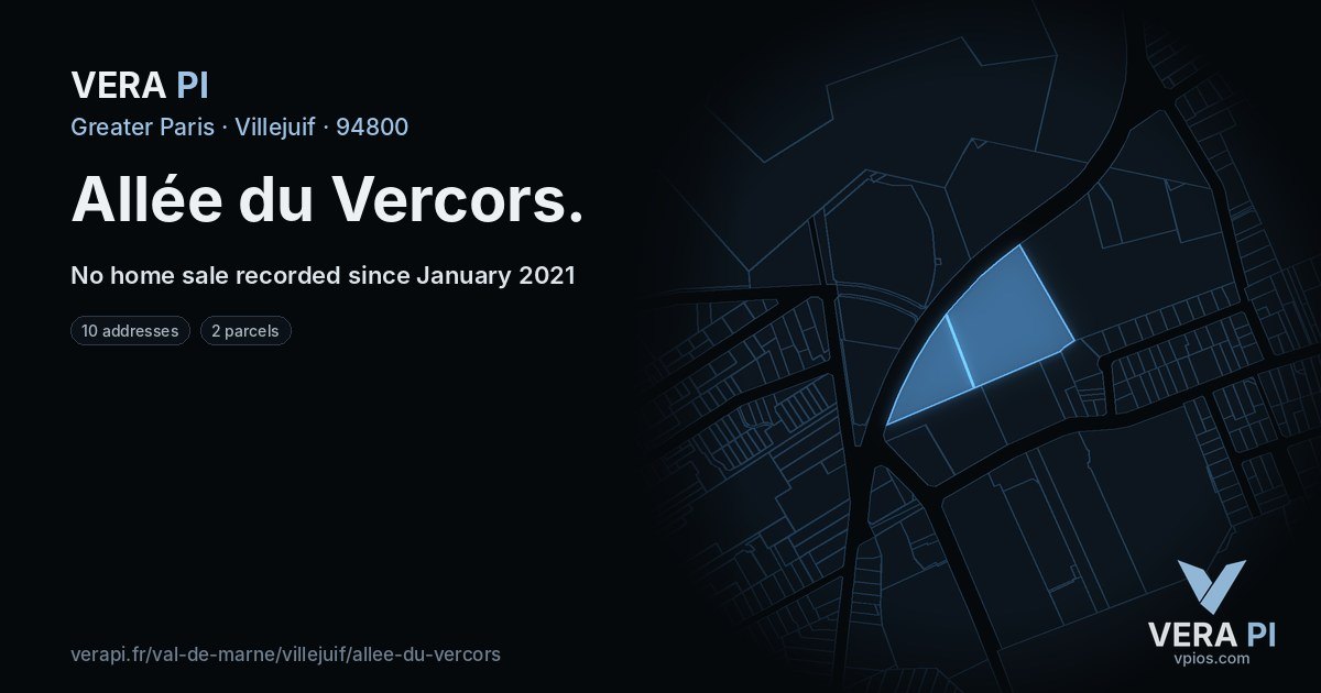 Allée du Vercors, Villejuif at night – every parcel coloured by the prices around it, the street's own parcels lit