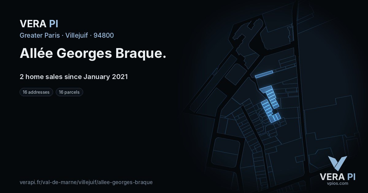 Allée Georges Braque, Villejuif at night – every parcel coloured by the prices around it, the street's own parcels lit