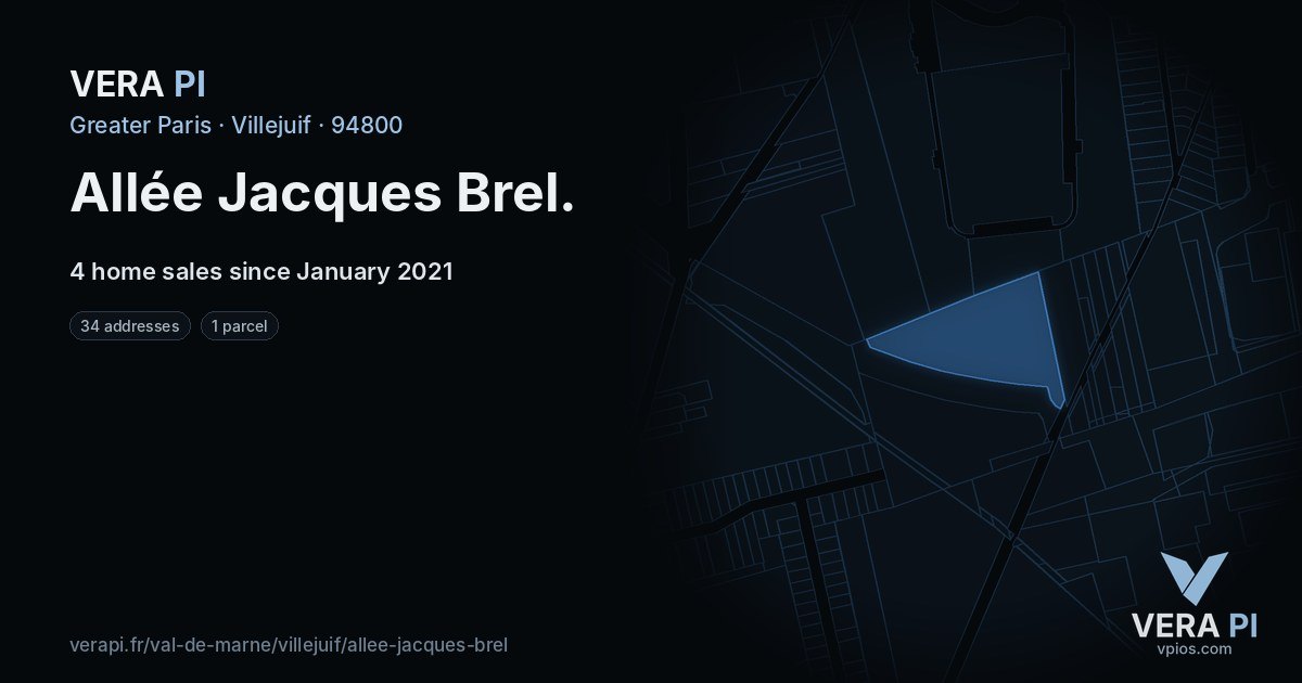 Allée Jacques Brel, Villejuif at night – every parcel coloured by the prices around it, the street's own parcels lit