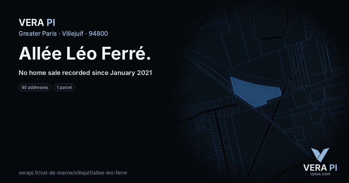 Allée Léo Ferré, Villejuif at night – every parcel coloured by the prices around it, the street's own parcels lit