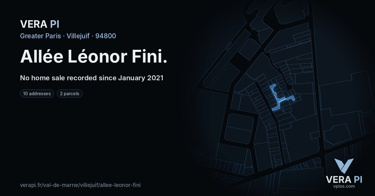 Allée Léonor Fini, Villejuif at night – every parcel coloured by the prices around it, the street's own parcels lit