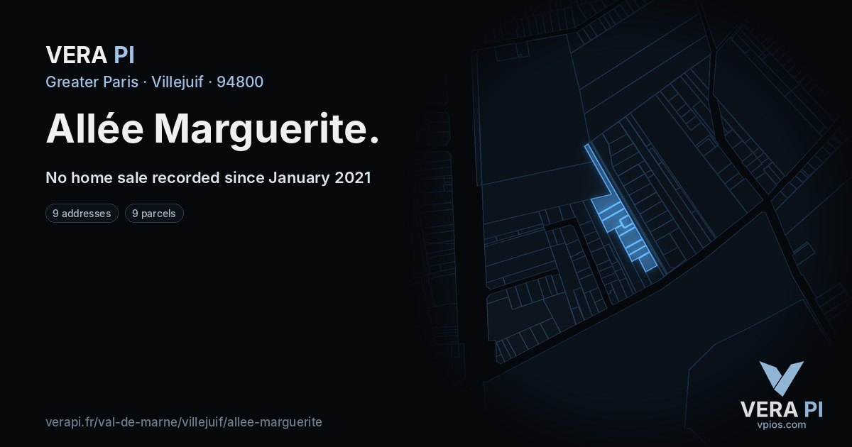Allée Marguerite, Villejuif at night – every parcel coloured by the prices around it, the street's own parcels lit