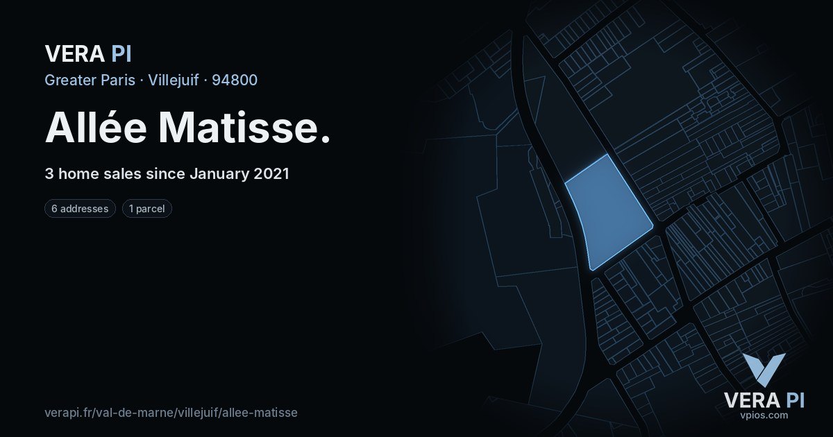 Allée Matisse, Villejuif at night – every parcel coloured by the prices around it, the street's own parcels lit