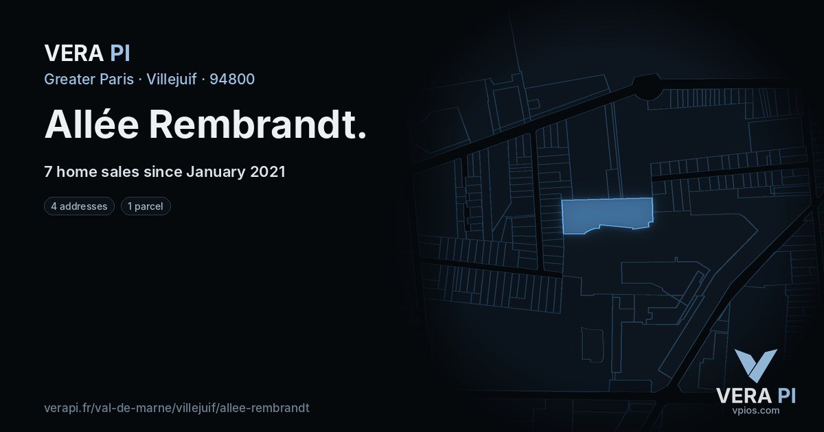 Allée Rembrandt, Villejuif at night – every parcel coloured by the prices around it, the street's own parcels lit
