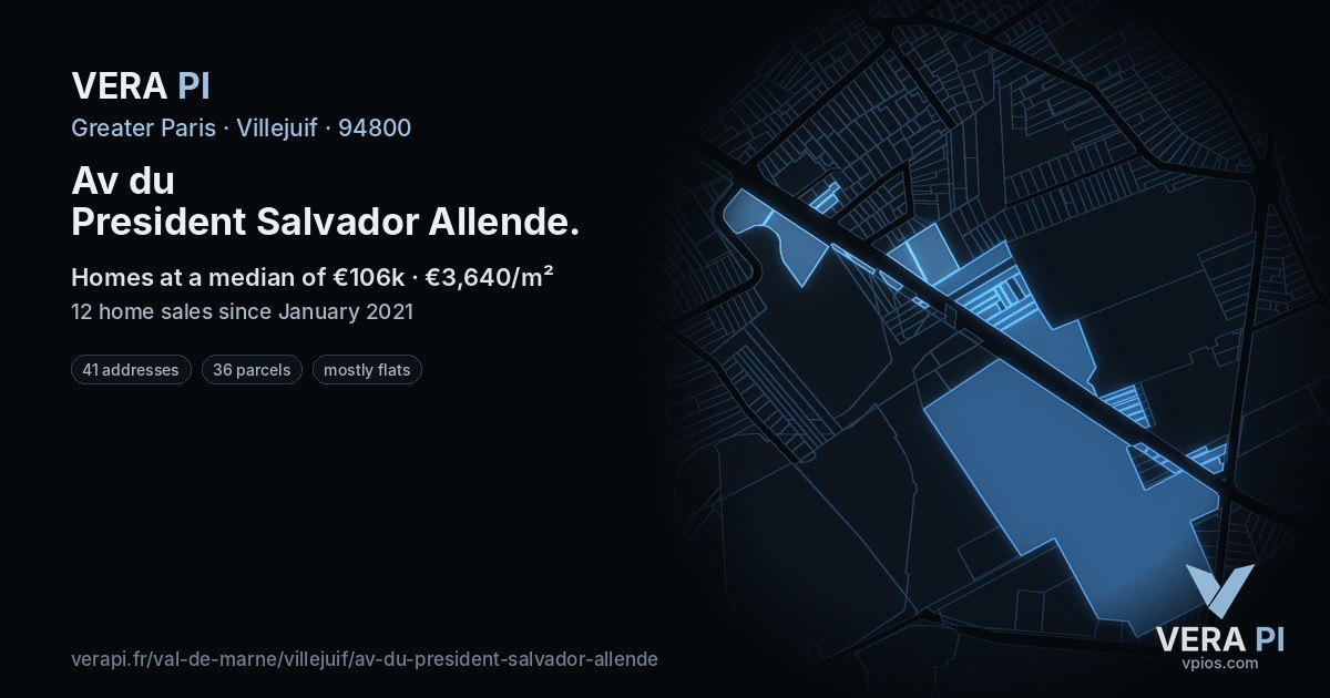 Av du President Salvador Allende, Villejuif at night – every parcel coloured by the prices around it, the street's own parcels lit