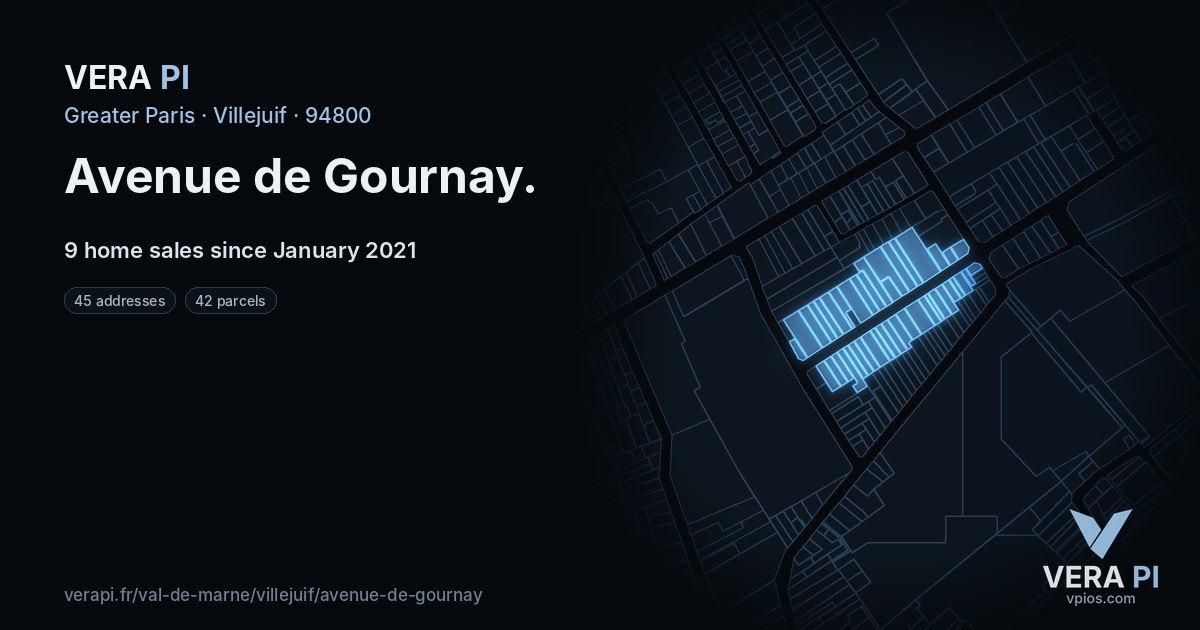 Avenue de Gournay, Villejuif at night – every parcel coloured by the prices around it, the street's own parcels lit