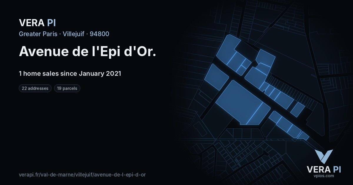 Avenue de l'Epi d'Or, Villejuif at night – every parcel coloured by the prices around it, the street's own parcels lit