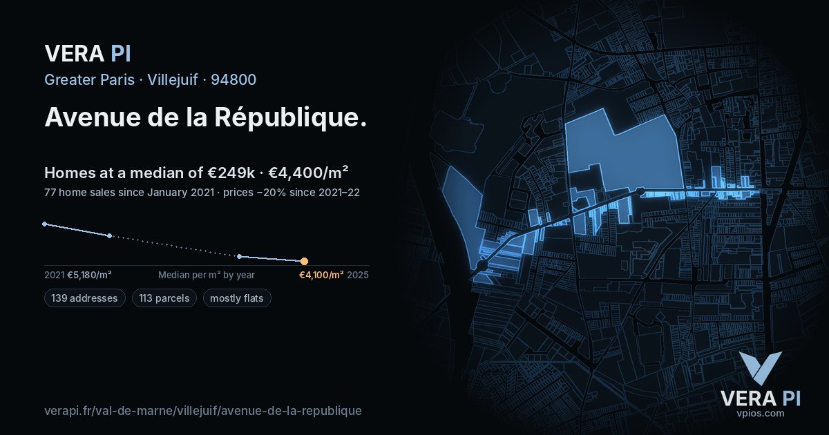 Avenue de la République, Villejuif at night – every parcel coloured by the prices around it, the street's own parcels lit