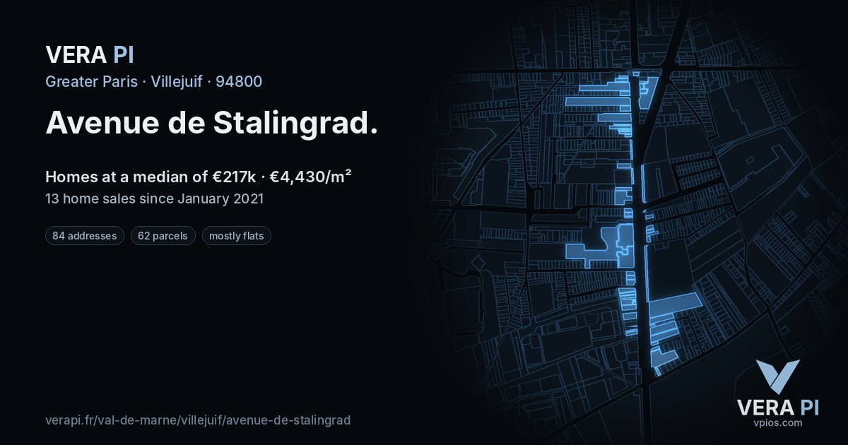 Avenue de Stalingrad, Villejuif at night – every parcel coloured by the prices around it, the street's own parcels lit