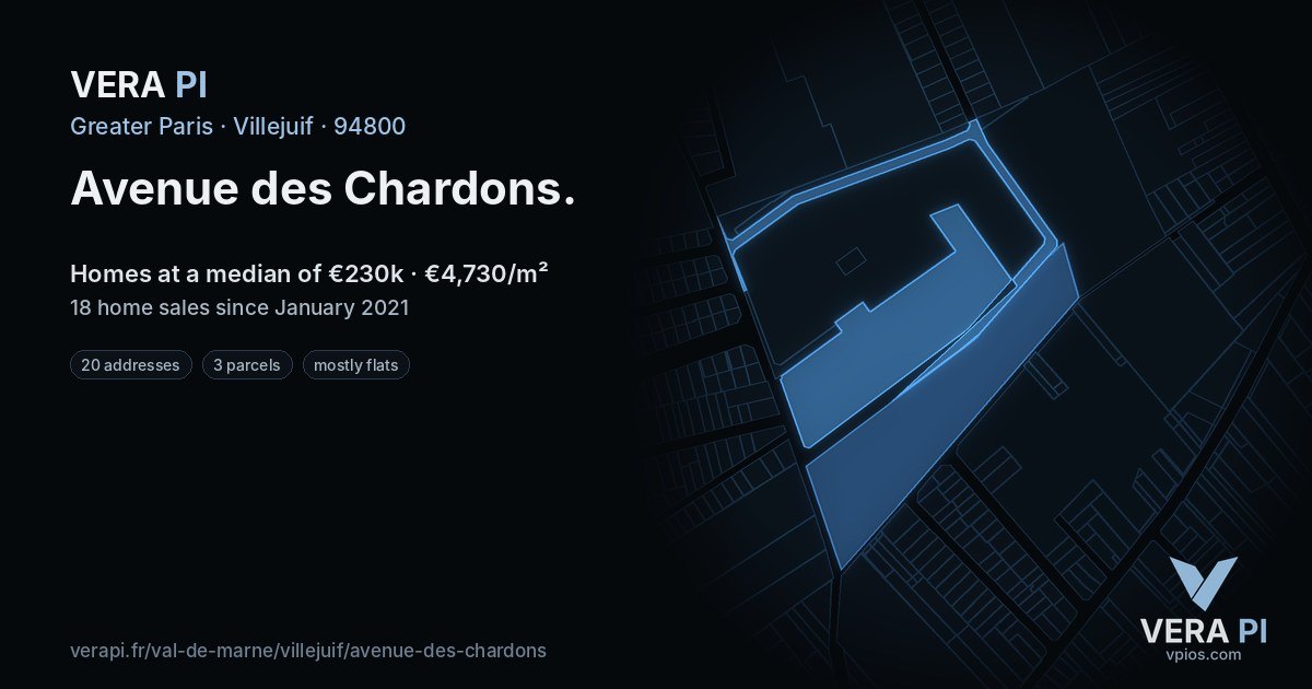 Avenue des Chardons, Villejuif at night – every parcel coloured by the prices around it, the street's own parcels lit