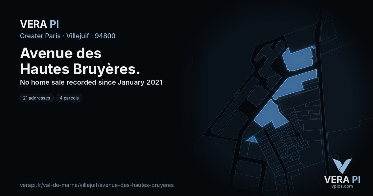 Avenue des Hautes Bruyères, Villejuif at night – every parcel coloured by the prices around it, the street's own parcels lit