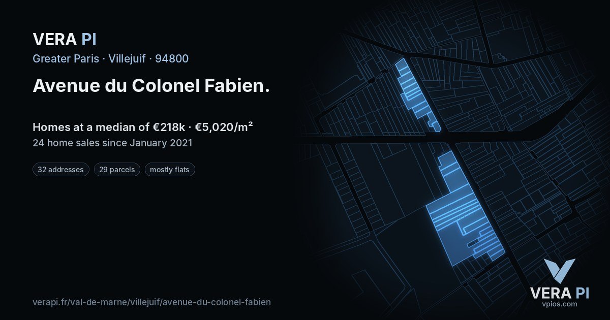 Avenue du Colonel Fabien, Villejuif at night – every parcel coloured by the prices around it, the street's own parcels lit
