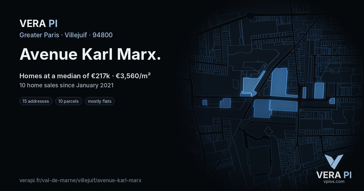 Avenue Karl Marx, Villejuif at night – every parcel coloured by the prices around it, the street's own parcels lit