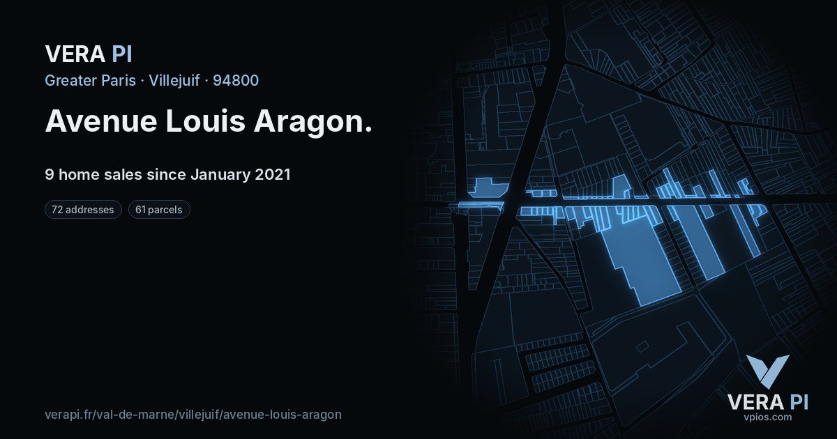 Avenue Louis Aragon, Villejuif at night – every parcel coloured by the prices around it, the street's own parcels lit