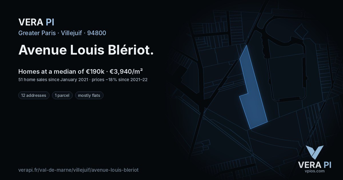 Avenue Louis Blériot, Villejuif at night – every parcel coloured by the prices around it, the street's own parcels lit