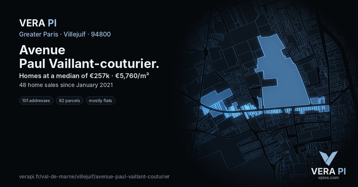 Avenue Paul Vaillant-couturier, Villejuif at night – every parcel coloured by the prices around it, the street's own parcels lit