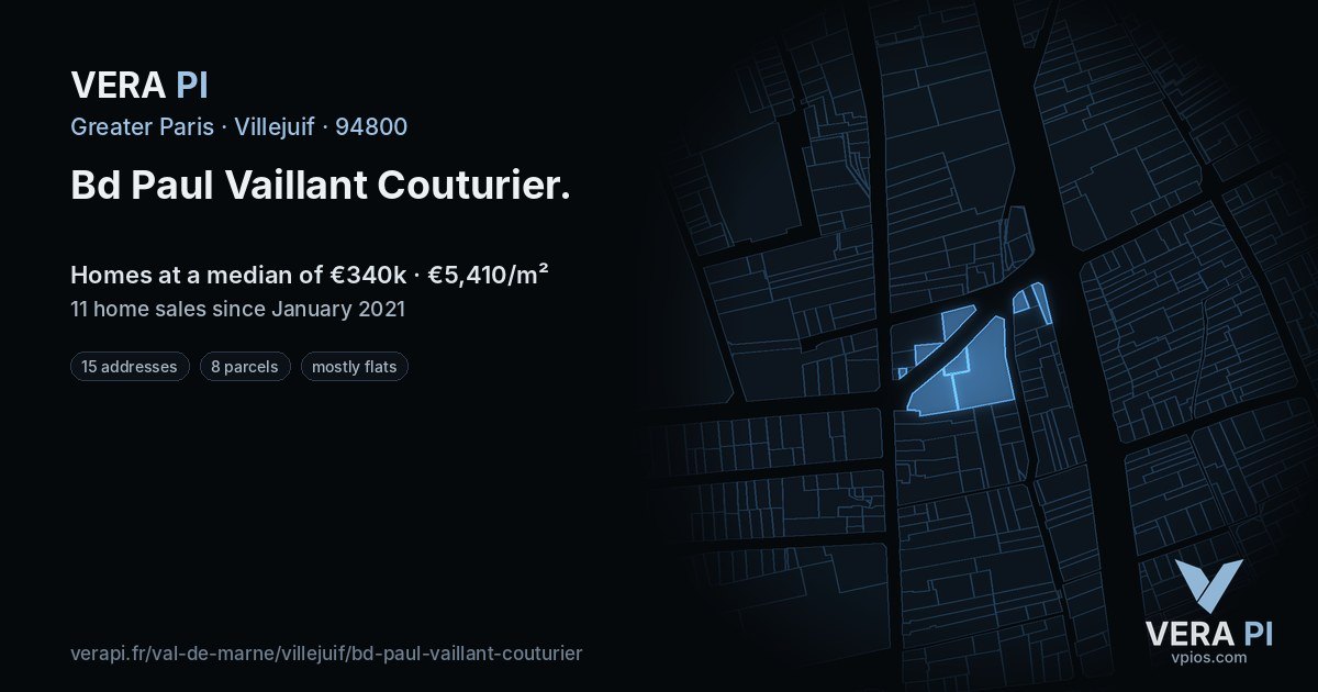 Bd Paul Vaillant Couturier, Villejuif at night – every parcel coloured by the prices around it, the street's own parcels lit