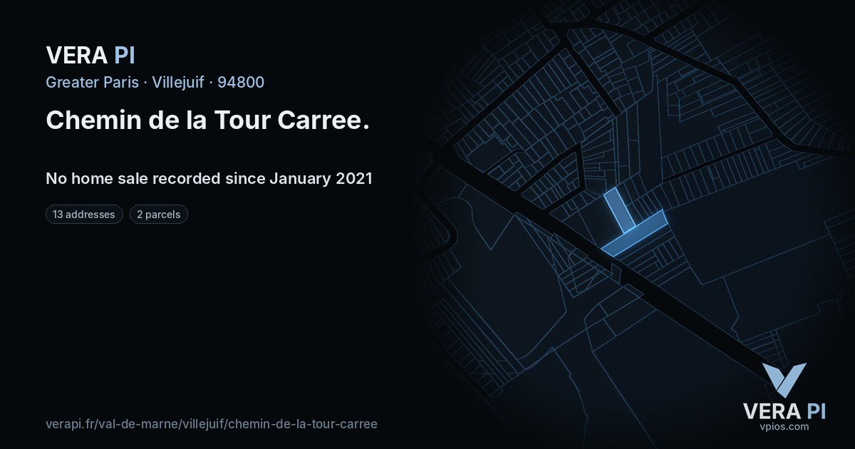 Chemin de la Tour Carree, Villejuif at night – every parcel coloured by the prices around it, the street's own parcels lit
