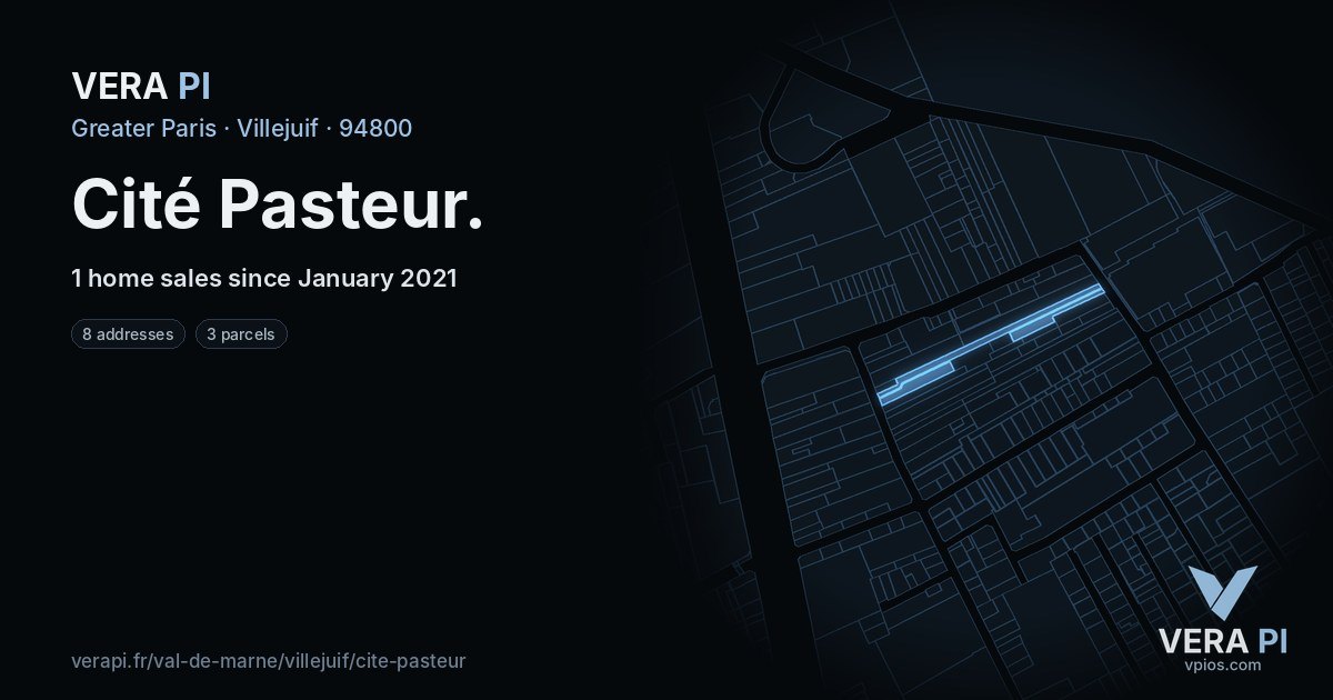 Cité Pasteur, Villejuif at night – every parcel coloured by the prices around it, the street's own parcels lit