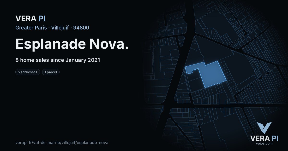 Esplanade Nova, Villejuif at night – every parcel coloured by the prices around it, the street's own parcels lit