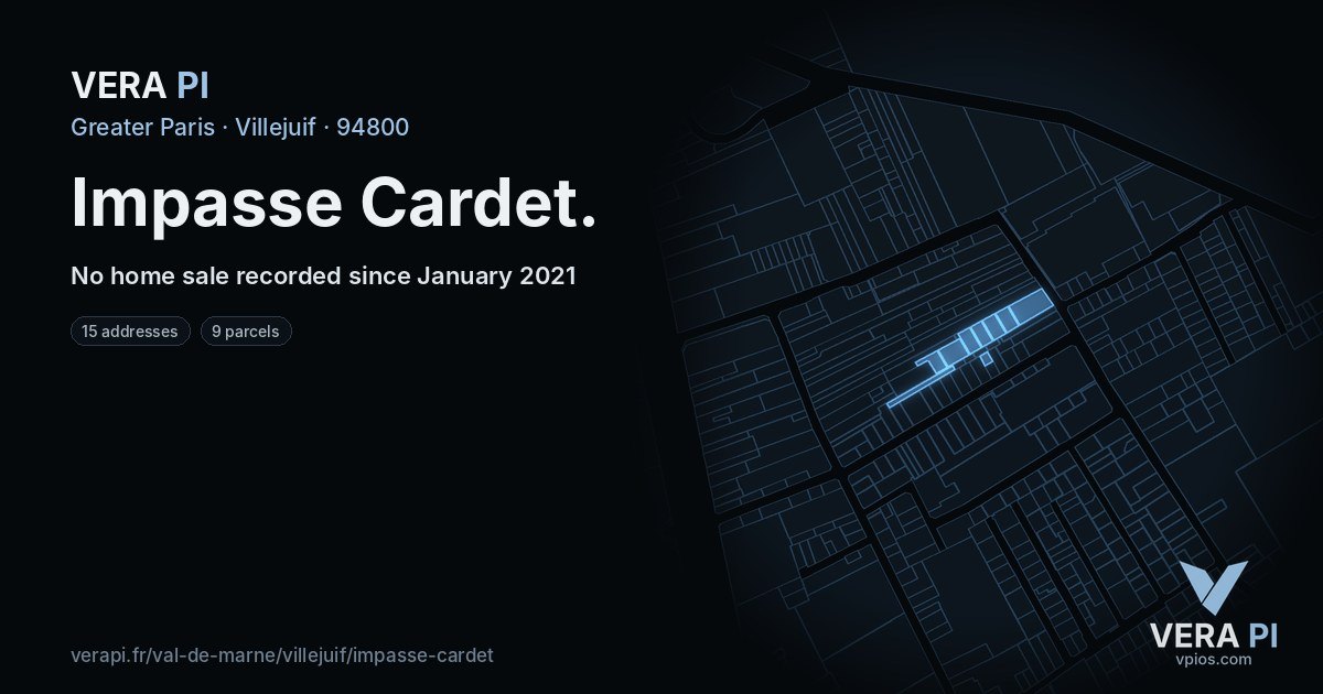 Impasse Cardet, Villejuif at night – every parcel coloured by the prices around it, the street's own parcels lit