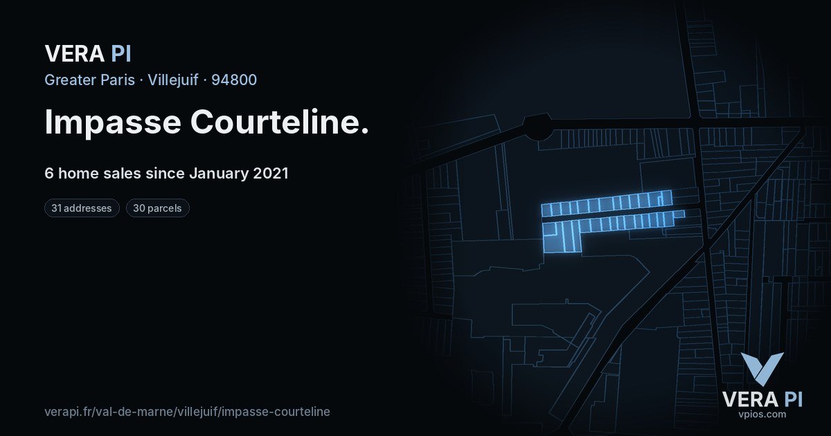 Impasse Courteline, Villejuif at night – every parcel coloured by the prices around it, the street's own parcels lit