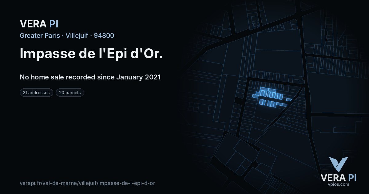 Impasse de l'Epi d'Or, Villejuif at night – every parcel coloured by the prices around it, the street's own parcels lit