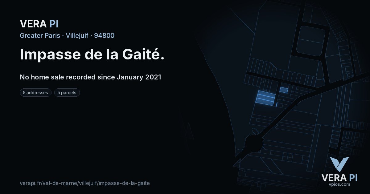 Impasse de la Gaité, Villejuif at night – every parcel coloured by the prices around it, the street's own parcels lit