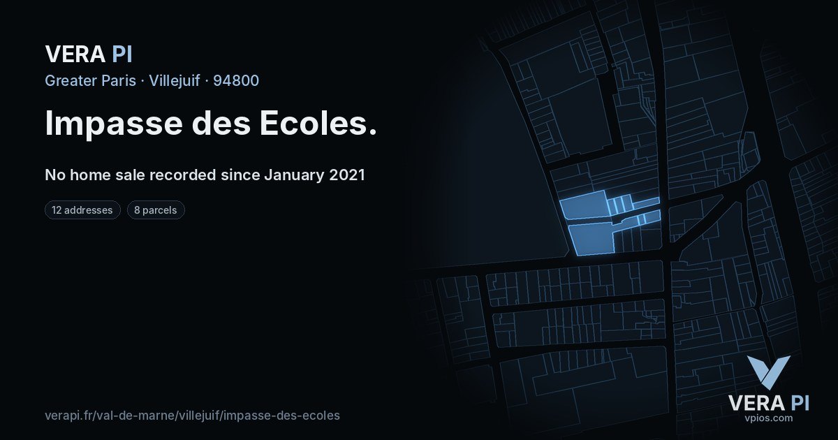 Impasse des Ecoles, Villejuif at night – every parcel coloured by the prices around it, the street's own parcels lit