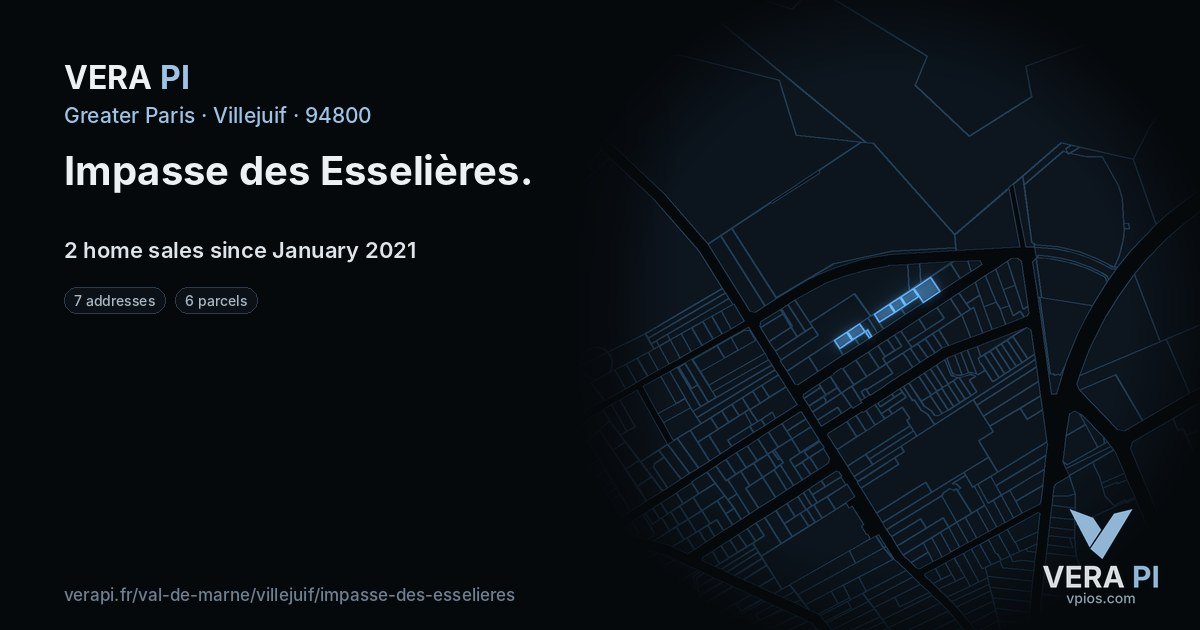 Impasse des Esselières, Villejuif at night – every parcel coloured by the prices around it, the street's own parcels lit