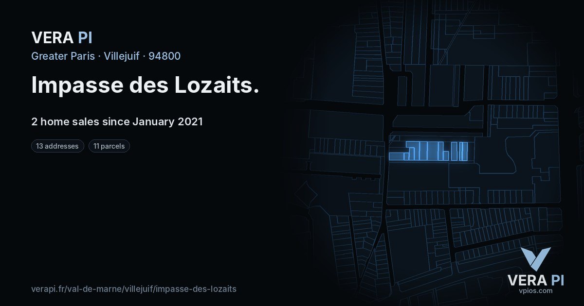 Impasse des Lozaits, Villejuif at night – every parcel coloured by the prices around it, the street's own parcels lit