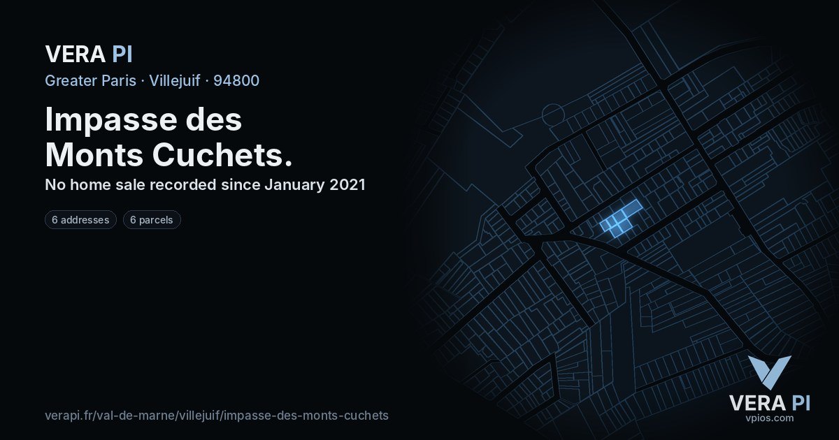 Impasse des Monts Cuchets, Villejuif at night – every parcel coloured by the prices around it, the street's own parcels lit