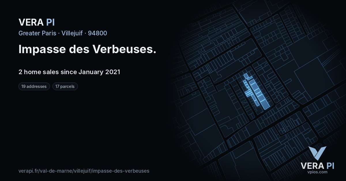 Impasse des Verbeuses, Villejuif at night – every parcel coloured by the prices around it, the street's own parcels lit