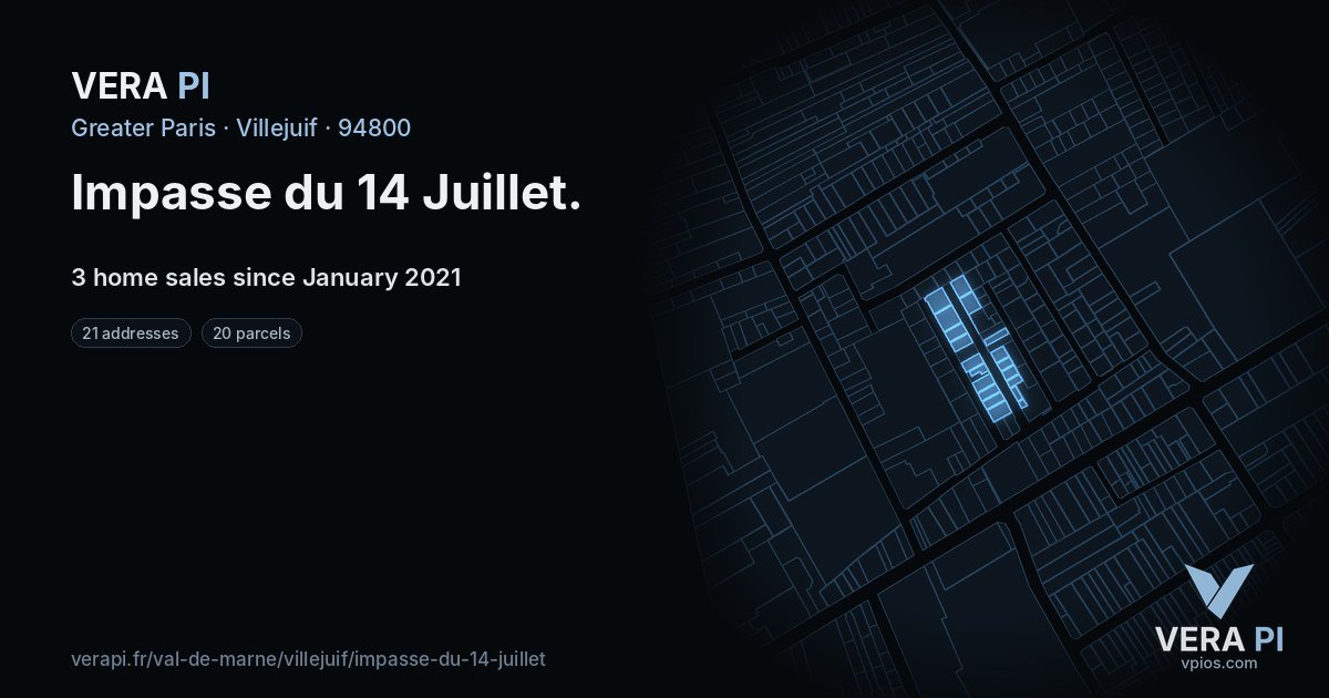 Impasse du 14 Juillet, Villejuif at night – every parcel coloured by the prices around it, the street's own parcels lit