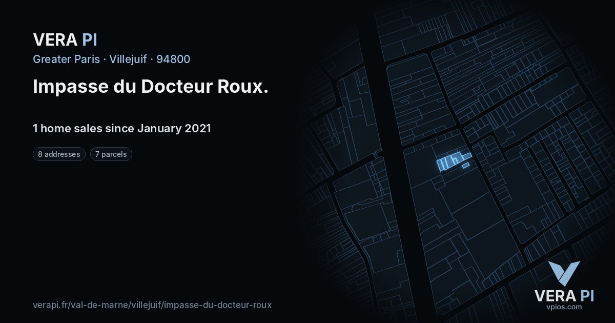 Impasse du Docteur Roux, Villejuif at night – every parcel coloured by the prices around it, the street's own parcels lit