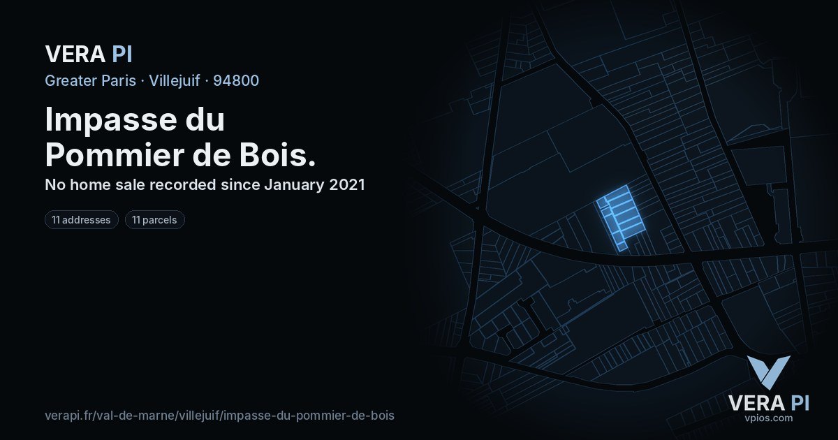 Impasse du Pommier de Bois, Villejuif at night – every parcel coloured by the prices around it, the street's own parcels lit