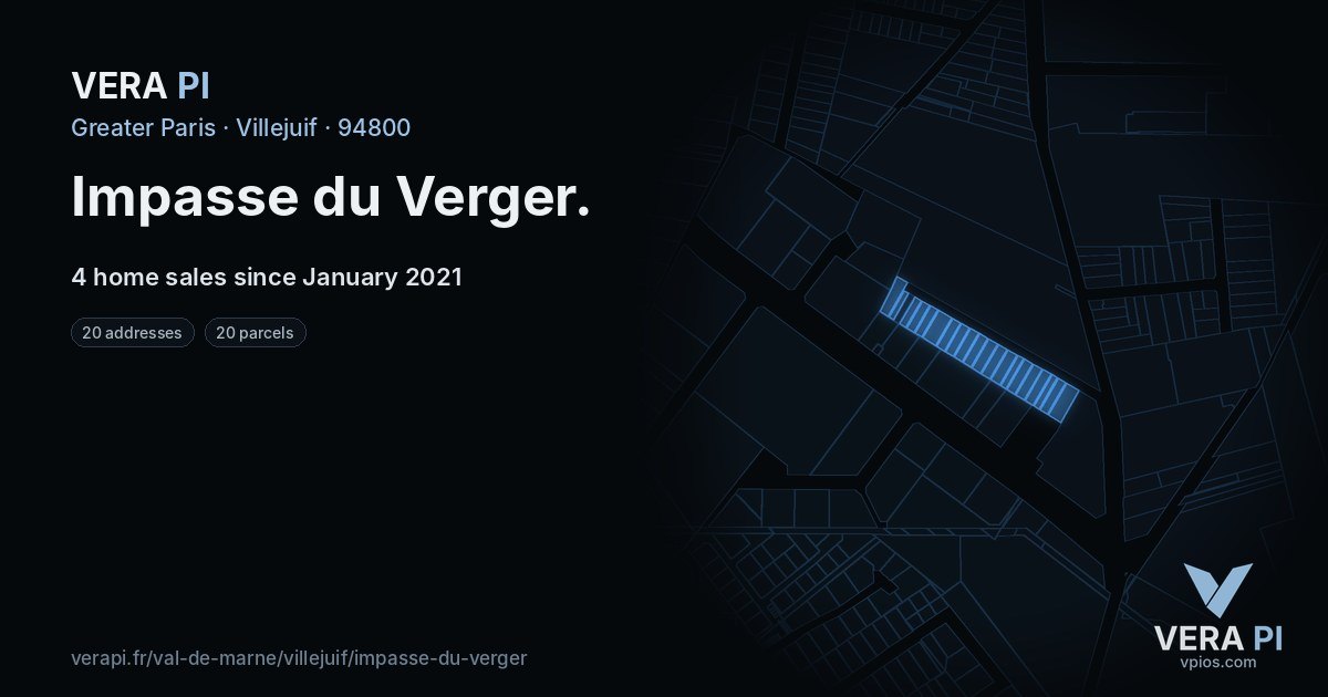 Impasse du Verger, Villejuif at night – every parcel coloured by the prices around it, the street's own parcels lit