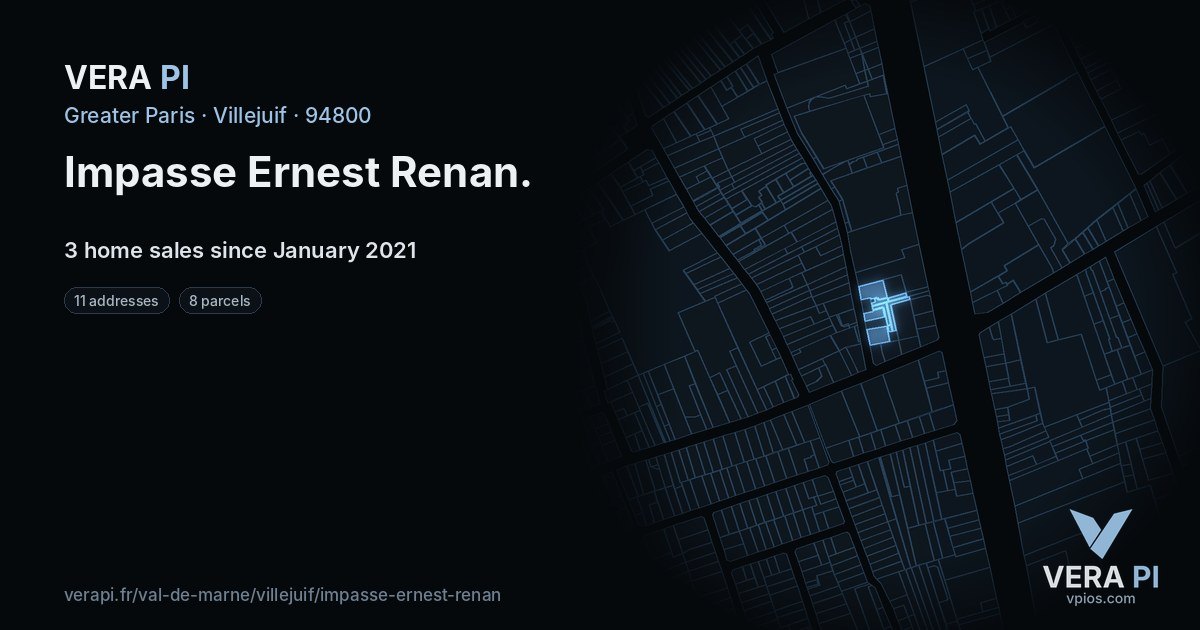 Impasse Ernest Renan, Villejuif at night – every parcel coloured by the prices around it, the street's own parcels lit