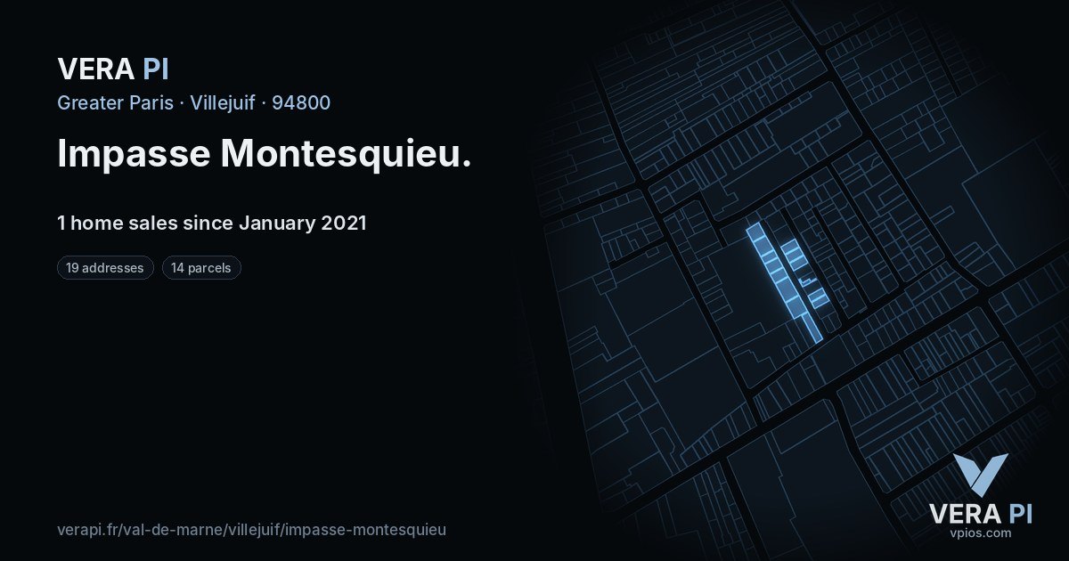 Impasse Montesquieu, Villejuif at night – every parcel coloured by the prices around it, the street's own parcels lit