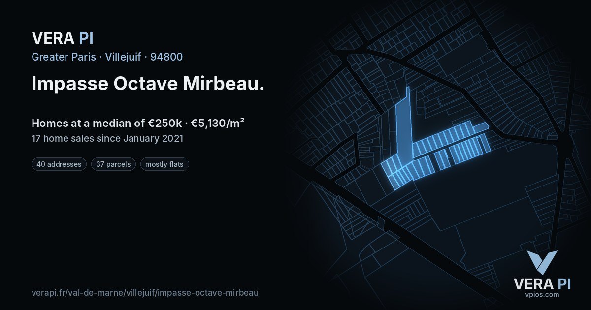 Impasse Octave Mirbeau, Villejuif at night – every parcel coloured by the prices around it, the street's own parcels lit