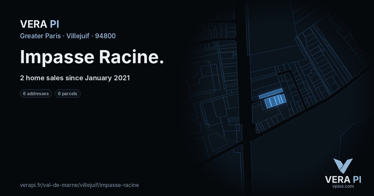 Impasse Racine, Villejuif at night – every parcel coloured by the prices around it, the street's own parcels lit